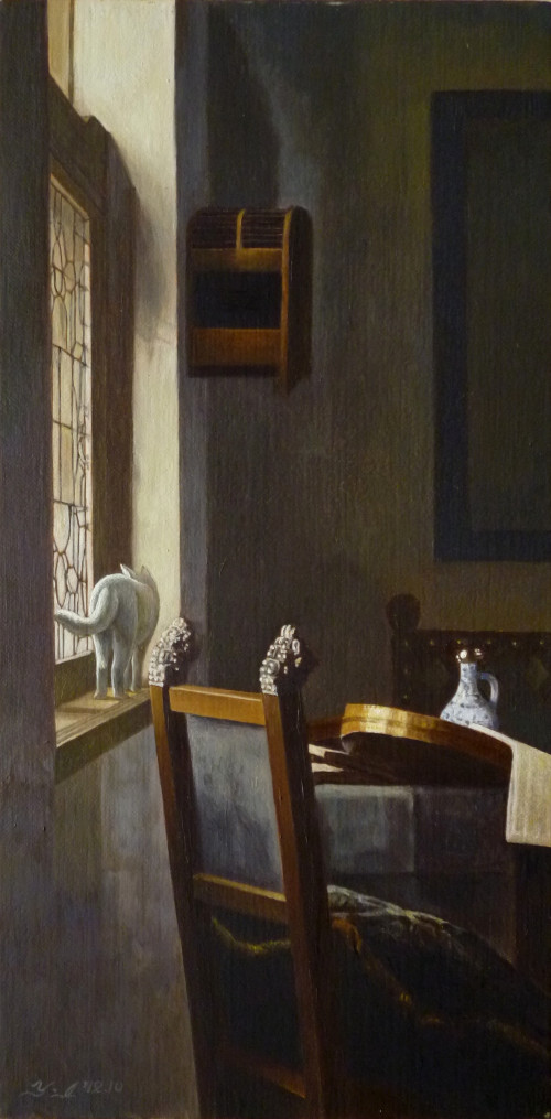 フェルメールの絵に忍び込んだ猫たち・背もたれ椅子のある窓辺